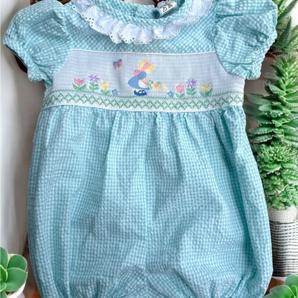 Seersucker Embroidered Vintage 90s Bonnet Sue Baby Jumper 6-9M